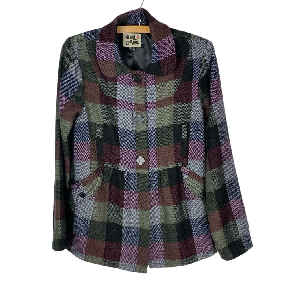 Volcom Multicolor Plaid Pea Coat - Olive, Burgundy, Purple, Black